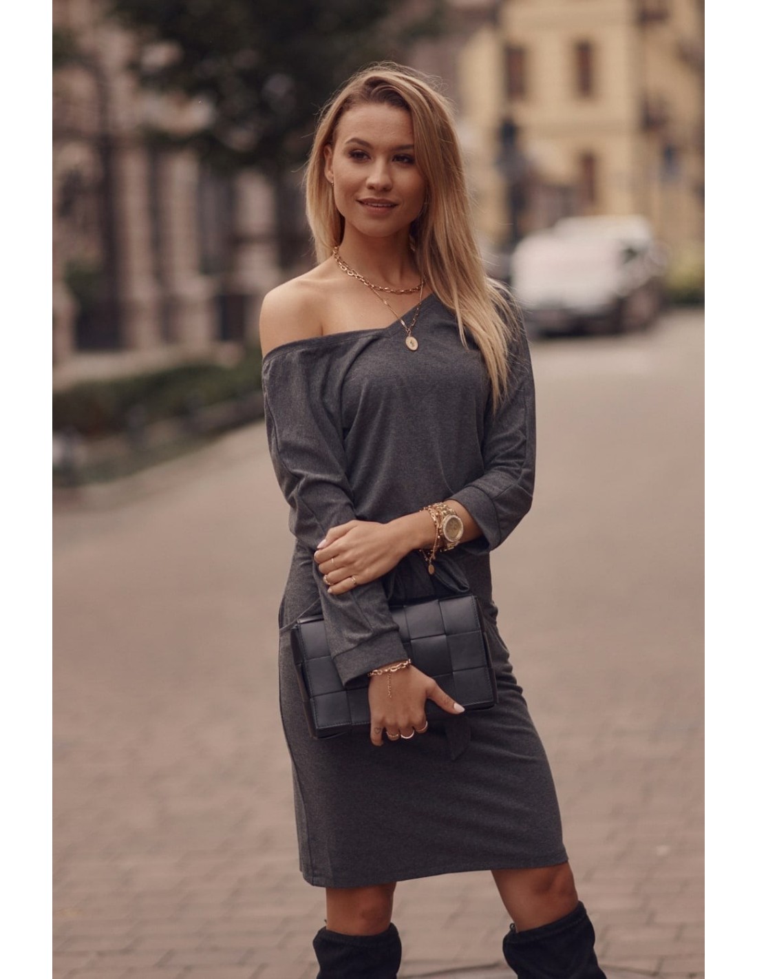 Dark gray Tie-waist dress 9729 - Online store - Boutique